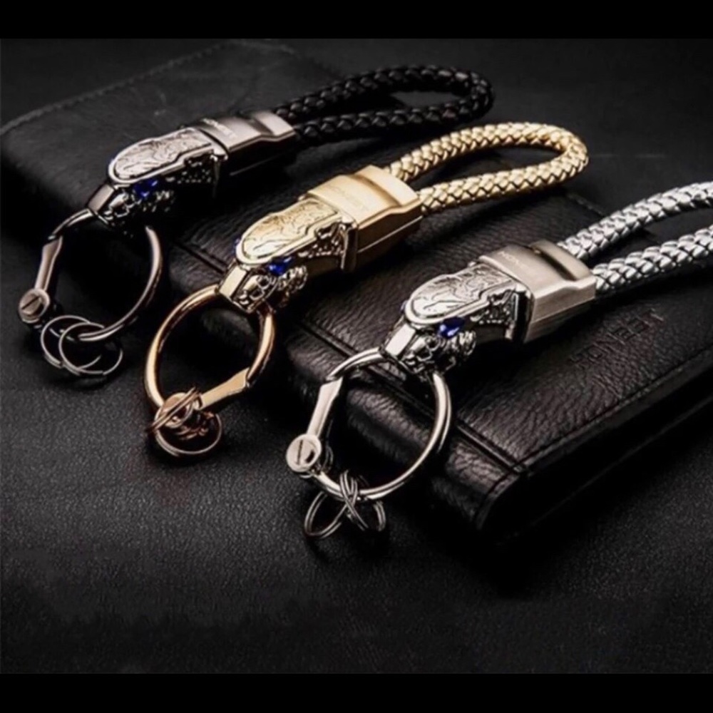 Leopard Head leather Weave Keychains